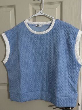 Blue Quilted Sleeveless Top with White Trim and Matching Short Set